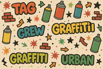 Colorful graffiti elements featuring spray cans and urban designs created with playful typography and vibrant colors
