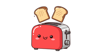 Adorable red toaster with a smiling face pops out two slices of toast, set against a stark transparent background. Cute toast pops!
