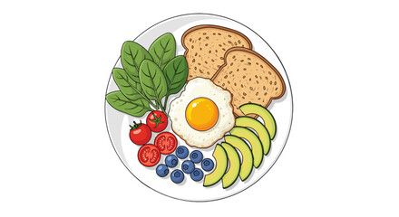 Plate featuring a balanced breakfast with an egg, avocado, blueberries, spinach, tomatoes, and whole-wheat toast.