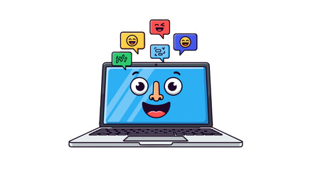 Cartoon laptop with a cheerful expression, surrounded by chat bubbles, showcasing friendly digital communication.
