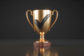 Golden trophy with a check mark on a black background representing success