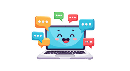 A joyful computer smiles amidst floating message bubbles, creating a digital scene of lively communication online.