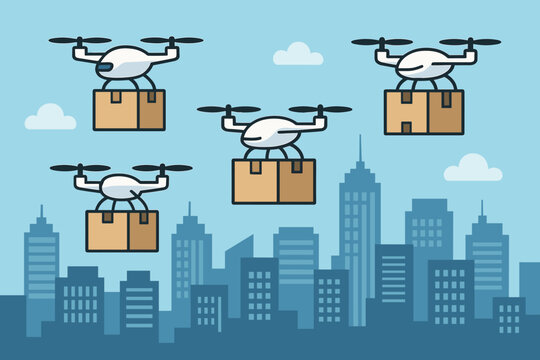Delivery drones flying over city with packages