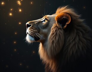 Fototapeta premium Close up side profile of majestic male lion. Big cat looks up at glowing firefly insects in dark night sky. King of jungle observes small lights in wild savanna nature. Wild animal shows calm, strong