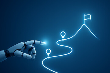 A futuristic robotic hand points along a glowing winding path with location markers leading up to a flag on a mountaintop, symbolizing a difficult journey