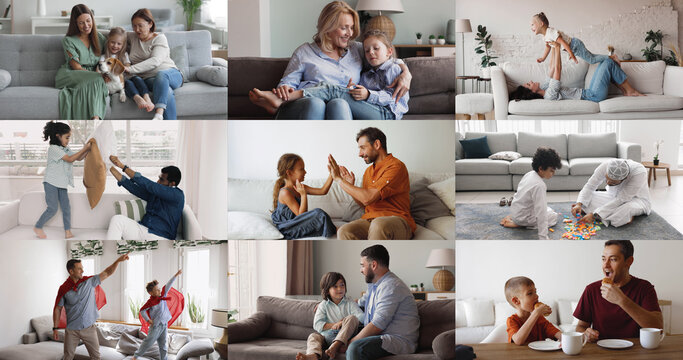 Collage of families with children spend carefree time at home