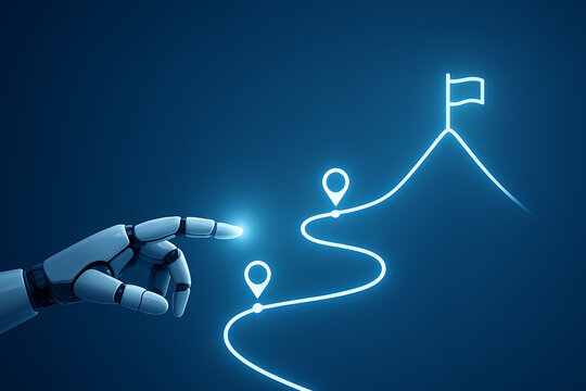 A futuristic robotic hand points along a glowing winding path with location markers leading up to a flag on a mountaintop, symbolizing a difficult journey