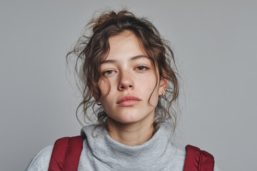Teen girl with curly brown hair, wearing a gray sweater and burgundy red backpack, poses against neutral gray background