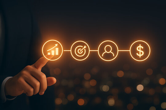 A hand points to a glowing bar graph icon in a sequence of business success icons: target, person, and dollar sign on a dark, blurry city background