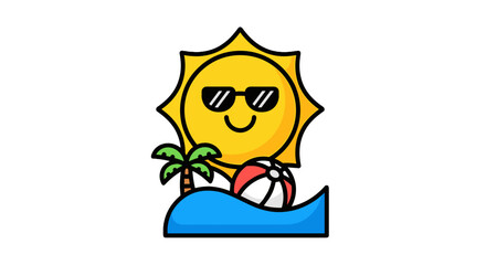 Illustration of a smiling sun wearing sunglasses, palm tree, beach ball, and wave on a transparente background.