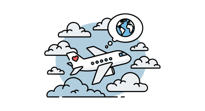 Airplane soaring through the clouds, with a heart on the tail, envisioning global adventures and travel dreams.