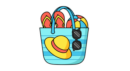 Fototapeta premium A bright blue beach bag packed for a day of summer fun with flip-flops, a beachball, hat, and sunglasses.