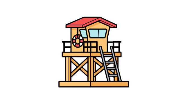 Elevated wooden lifeguard stand with a red roof, positioned on a sandy beach, ready to protect swimmers and beachgoers.