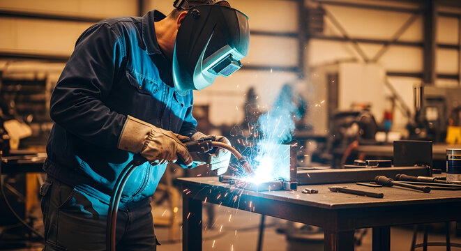 Industrial worker in protective welding helmet and gloves using MIG welder to join metal parts on worktable with sparks and blue arc light inside factory workshop with metal tools visible