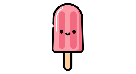 A pink popsicle with a smiley face and a wooden stick, isolated on black, a cute and fun illustration style.