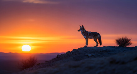 Wild coyote standing on desert hill during vibrant orange and purple sunset with sun low on horizon and sparse desert vegetation visible in dramatic natural landscape
