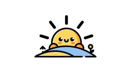Fototapeta premium Smiling sun rises cheerfully over a hill, casting a warm glow in the day. A serene, minimalistic illustration.