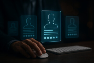 Applicant tracking system or human resources management concept with glowing digital candidate profiles and star ratings Recruitment, HR, management, candidate, profile, review