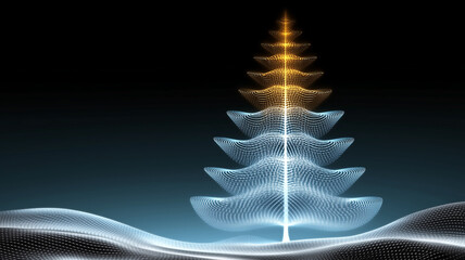 Minimalist holiday tree glowing on smooth futuristic dunes at night. Elegant festive background with modern winter concept for seasonal designs.