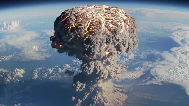 Witnessing the dropping of the first atom bomb: A terrifying nuclear explosion forms a colossal mushroom cloud from high above, depicting historical power and devastating impact of war's ultimate