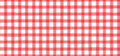 Fototapeta na wymiar Red and white seamless gingham check pattern. Classic picnic tablecloth texture, Italian pizzeria cloth, retro fabric, basket napkin, wrapping paper and vintage textile vector background