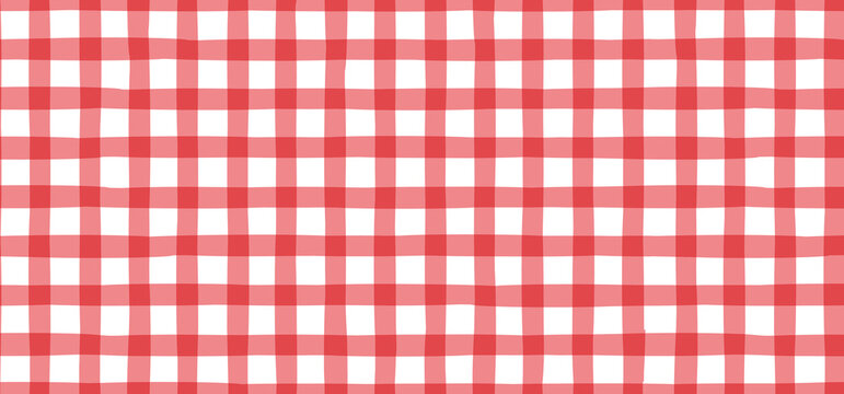 Fototapeta Red and white seamless gingham check pattern. Classic picnic tablecloth texture, Italian pizzeria cloth, retro fabric, basket napkin, wrapping paper and vintage textile vector background
