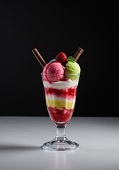 A delightful, freshly prepared sundae presented on a clean surface, showcasing its vibrant layers and delicious toppings for a special event ,food ,marketing ,refreshing