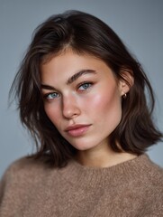 Woman with short brown hair and blue eyes is wearing a brown sweater