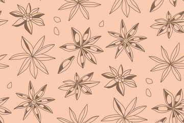 Delicate carved pattern with anise in beige and nude shades, linear endless illustration