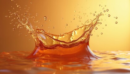 Digital artwork shows amber liquid splash in water. Drops scatter creating dynamic motion. Golden fluid with glossy surface flows. Elegant ripples visualize energy for graphic design creative project.