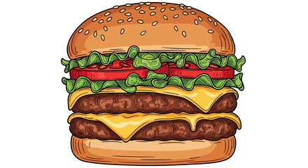 A vibrant, detailed illustration of a classic double cheeseburger with sesame seed bun, fresh lettuce, ripe tomatoes, melted cheese, and two juicy meat patties.