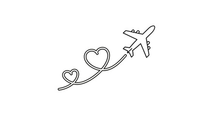 A simple line drawing of an airplane leaving a heart-shaped trail, symbolizing travel and love.
