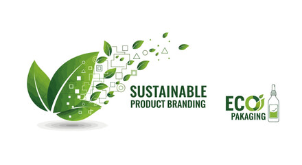 Vector illustration of sustainable product branding and eco packaging concepts with green leaves and abstract geometric elements.