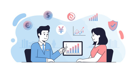 Financial advisor explaining growth chart to client with currency symbols around them.