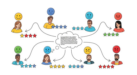 Conceptual illustration of customer feedback, showing diverse people with different emotional responses and star ratings.