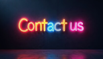 Colorful neon sign displays contact us text on wall. Luminous vibrant glowing letters draw attention. Marketing concept for business promotion, advertisement. Modern design element for website banner