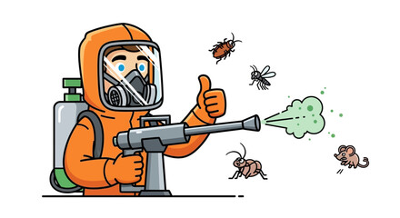 A cartoon pest control worker in an orange hazmat suit sprays insecticide at various insects and bugs, giving a thumbs up.
