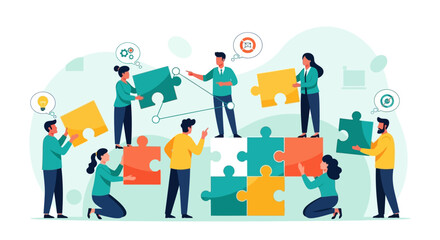 Diverse team of colleagues collaborating to connect large jigsaw puzzle pieces, symbolizing teamwork and problem-solving.