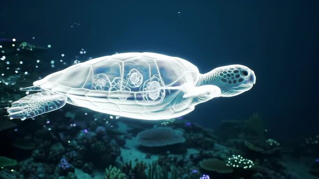 The Sixth Mass Extinction: A ghostly, glowing sea turtle swims over a vibrant coral reef, symbolizing endangered marine life and the critical need for global biodiversity conservation.