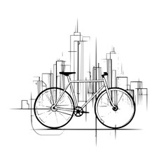 Illustration of a bicycle in front of a cityscape skyline with abstract line art style drawing design
