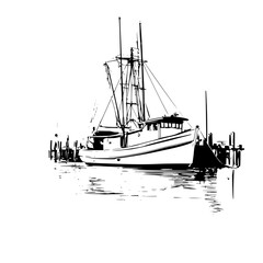 Black and white illustration of a fishing boat docked at a pier with tall masts and rigging visible