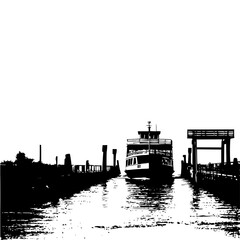 A black and white image of a ferry boat approaching a dock on a body of water with a clear sky above it