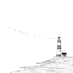 Illustration of a lighthouse with stripes and a small building next to it on a rocky coast with birds flying