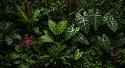 Fototapeta premium A dense collection of various tropical plants showcasing a healthy and diverse ecosystem. Lush textures and vibrant colors promote ecological well-being ,diverse ,environment ,plants