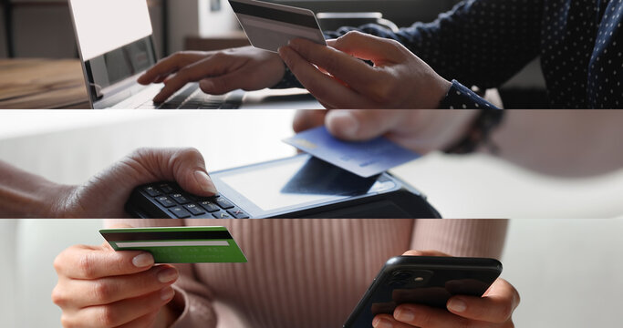 People using cards for various types of cashless transactions, collage