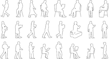 Minimal Human Figures for CAD Drawings, Vector Outline of People in Different Poses such as Sitting, Standing, and Walking for Architectural and Interior Design Plans