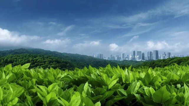 Lush green leaves fill the foreground leading to a verdant forest and hills under a blue cloudy sky A modern city skyline with tall buildings is visible in the distance