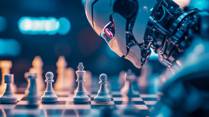 Sophisticated humanoid robot's head with glowing details intently observes chessboard, symbolizing artificial intelligence's strategic prowess and intellectual challenge in futuristic setting.