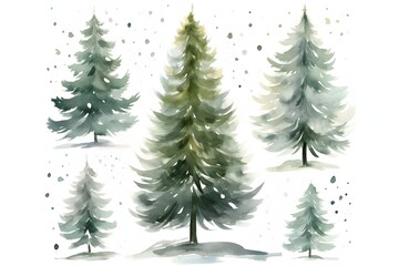 Obraz premium Watercolor painting of five evergreen pine trees with soft falling snow