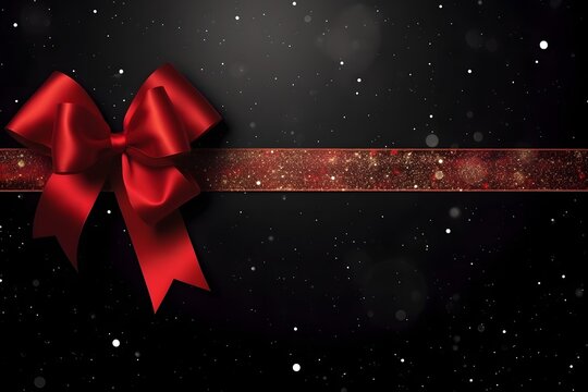Elegant red bow and ribbon on dark textured background with falling snow